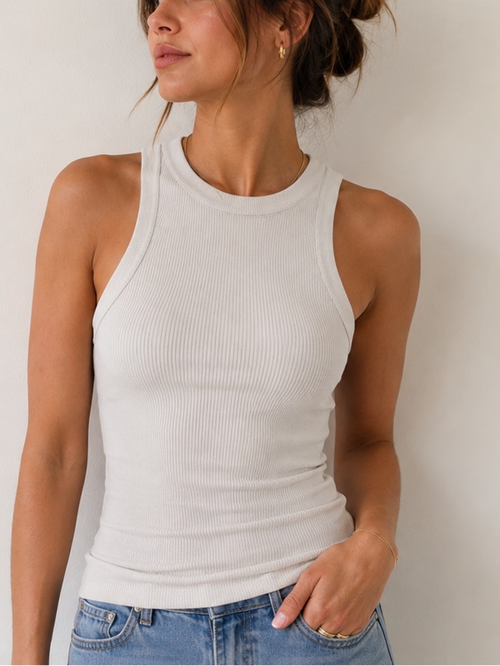 Zara White Ribbed Knit Tank Top Sleeveless High Neck Stretchy Small